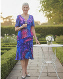 Fuchsia and royal hand painted silk dress with flutter elbow length sleeves 