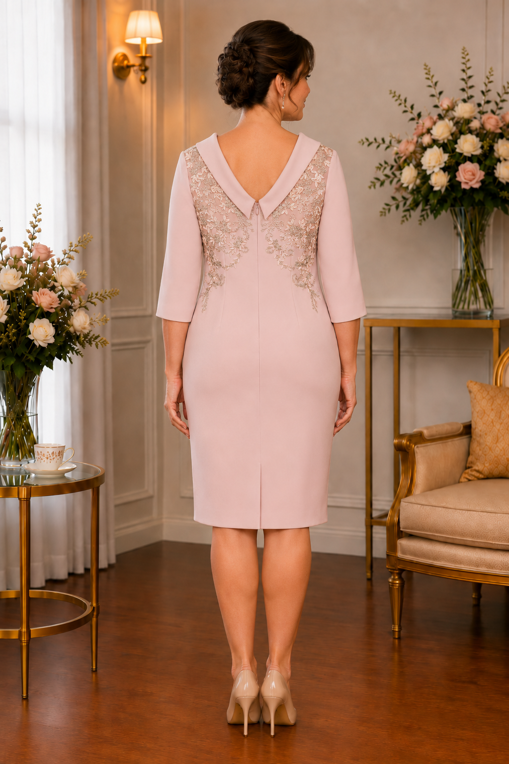back view of a mother of the bride dress in pink with a lace applique back