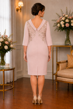 back view of a mother of the bride dress in pink with a lace applique back