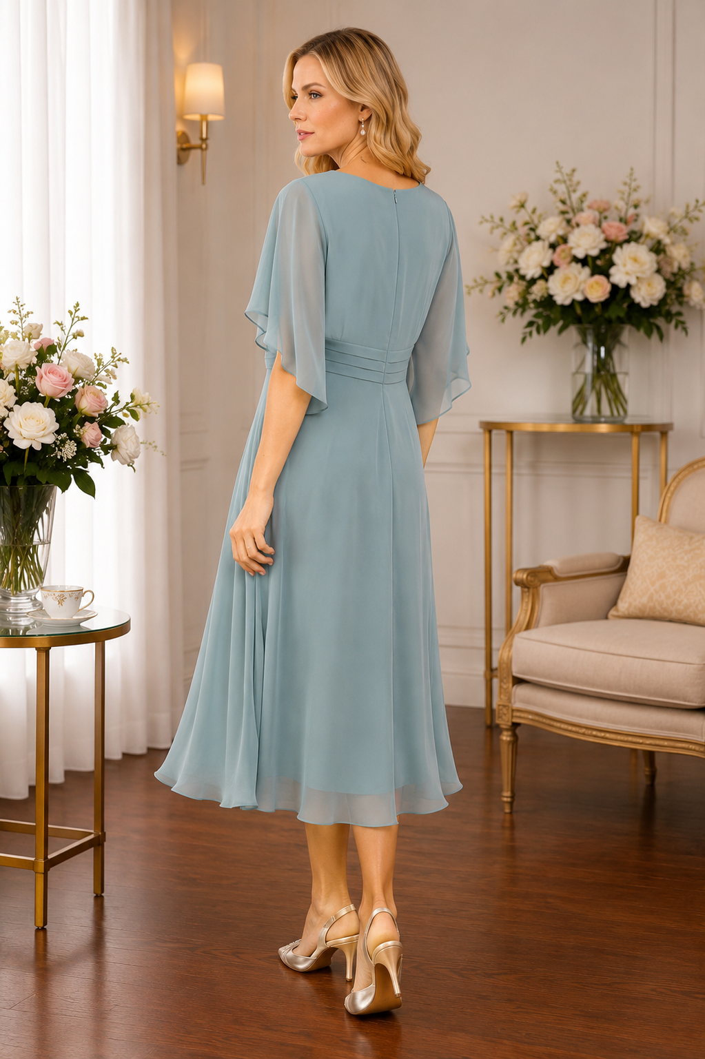 Rear view of light teal chiffon occasion dress by Lizabella showcasing elegant drape and feminine A-line shape