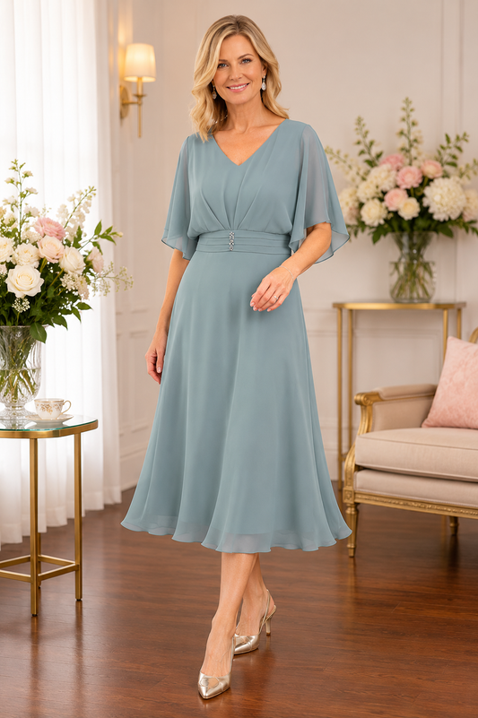 Light teal wedding guest dress by Lizabella with soft chiffon overlay sleeves and flattering fit for mothers of the bride