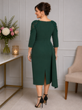 Back view of forest green Veni Infantino mother of the bride dress featuring lace appliqué shoulders on a brunette size 12/14 model at Ever Elegant Melbourne.