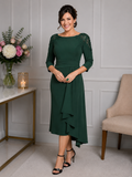 Forest green Veni Infantino mother of the bride dress with lace appliqué shoulders on a brunette size 12/14 model in Ever Elegant Melbourne boutique.