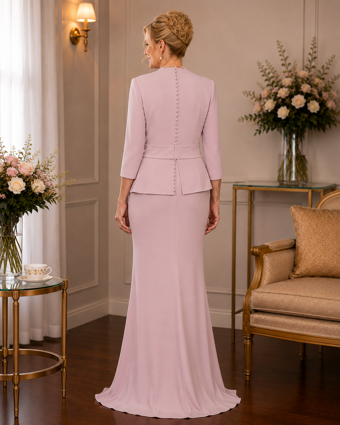 Back view of dusty pink formal gown featuring covered buttons, peplum waist detail and graceful full-length silhouette for mother of the bride
