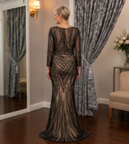 Back view of Veni Infantino beaded mother of the bride gown with sheer illusion back and geometric embellishment