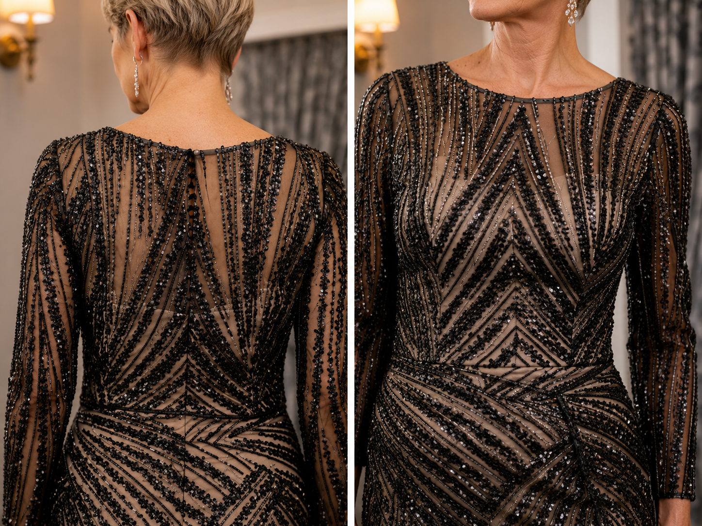 Luxury formalwear close-up featuring shimmering beadwork and flattering fitted waist detail