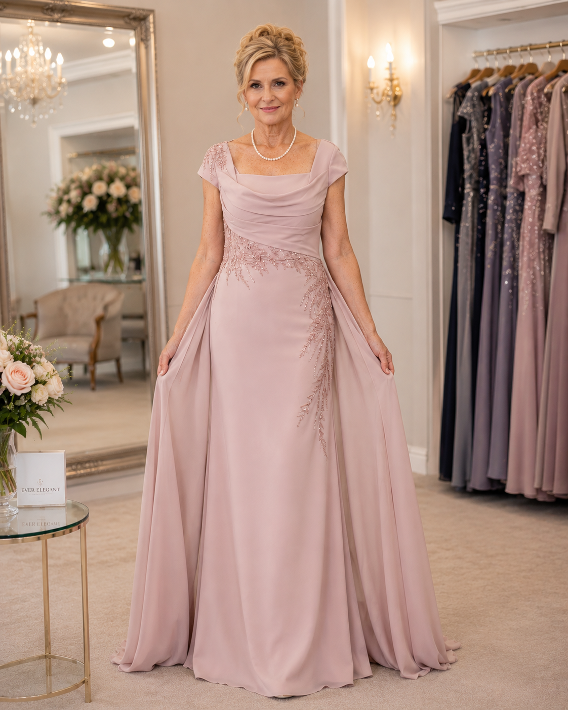 Elegant dusty pink full length mother of the bride dress with embellished bodice and flowing chiffon panels, formal wedding guest gown Australia