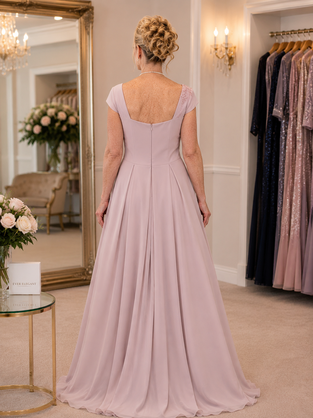 Back view of dusty pink designer mother of the bride gown with fitted silhouette, soft train and elegant formal occasionwear at Ever Elegant Melbourne