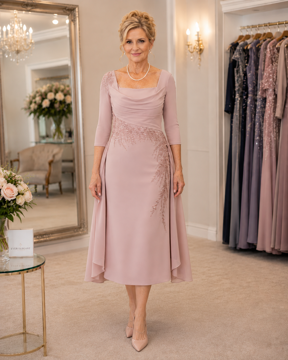Dusty pink mother of the bride dress with beaded detailing and flowing overskirt by Veni Infantino in Ever Elegant Melbourne boutique