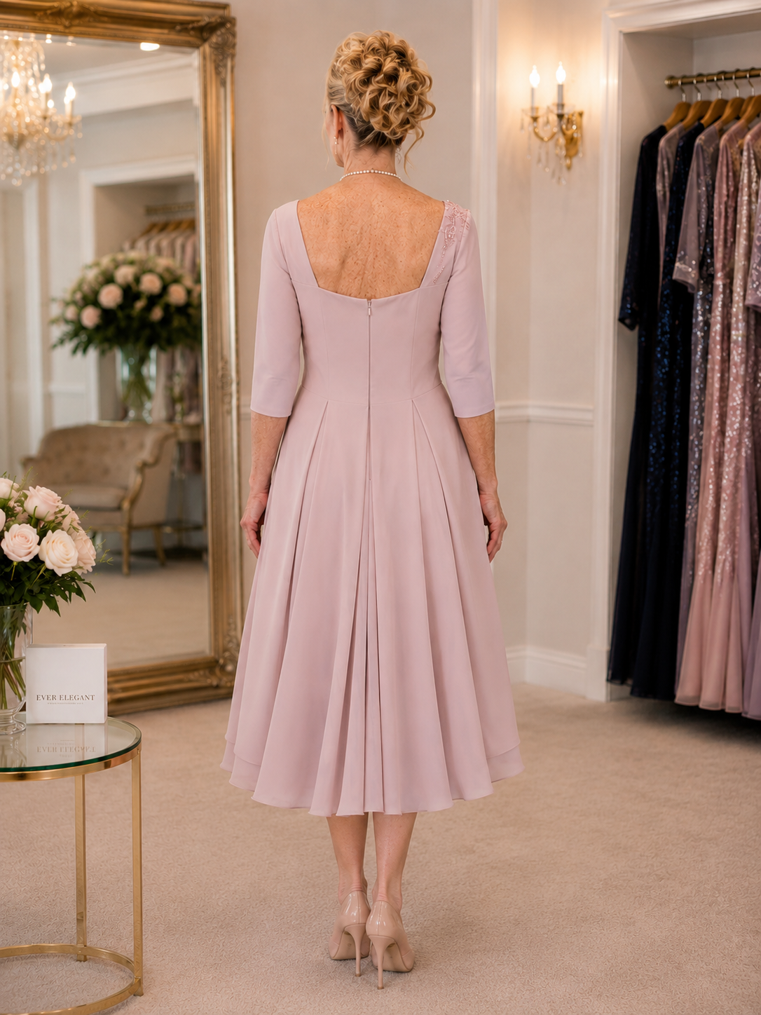 Back view dusty pink mother of the bride dress with fitted silhouette and flowing overskirt by Veni Infantino