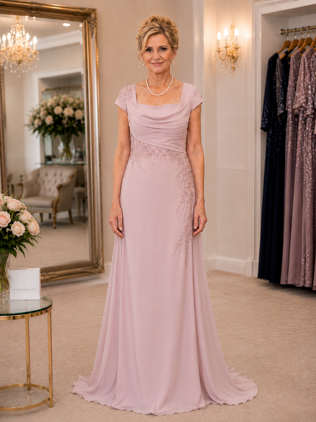 Dusty pink mother of the bride gown with beaded waist detail and soft draped neckline, designer formal wedding dress at Ever Elegant Melbourne