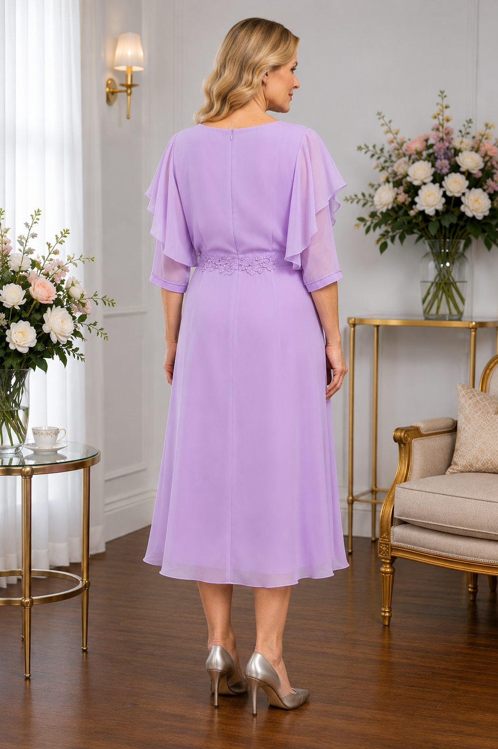 Back view of Lizabella lilac chiffon occasion dress with flowing silhouette and waist detail