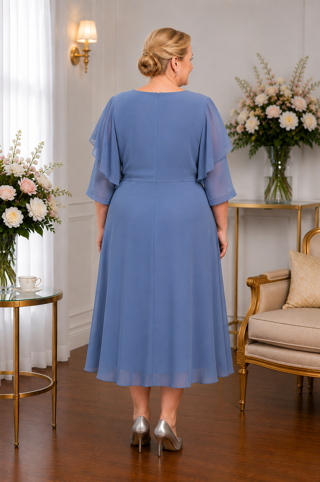 Back view of Lizabella 2983 plus size dusty blue chiffon dress with flowing skirt and sleeve coverage