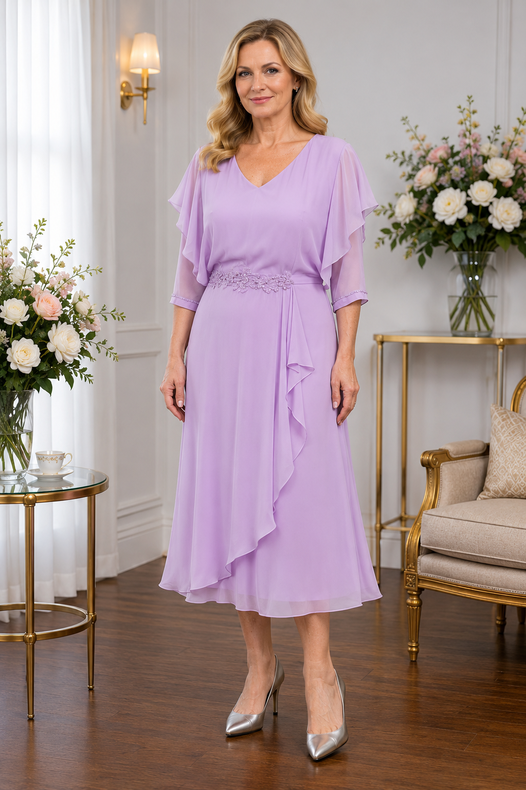 Lizabella 2983 lilac chiffon mother of the bride dress with beaded waist detail at Ever Elegant Melbourne