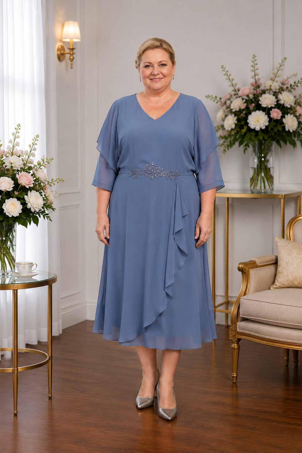 Plus size dusty blue mother of the bride dress with chiffon sleeves by Lizabella 2983 at Ever Elegant Australia