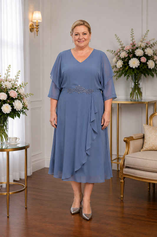 Plus size dusty blue mother of the bride dress with chiffon sleeves by Lizabella 2983 at Ever Elegant Australia