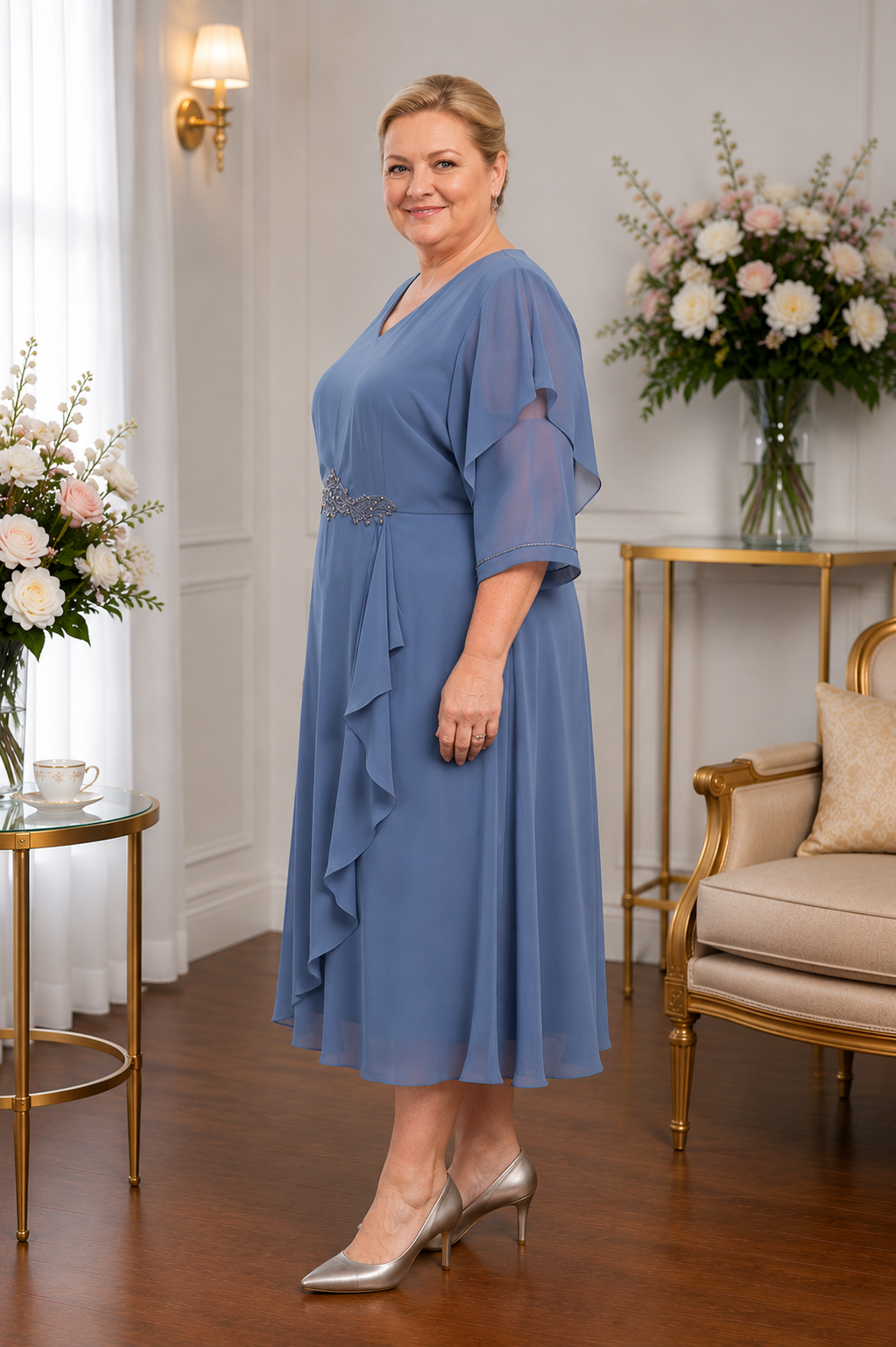 Plus size dusty blue chiffon occasion dress with beaded waist detail for wedding guests and mothers of the bride