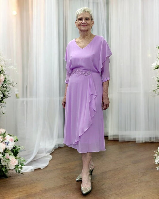 Lizabella 2983 lilac chiffon A-line dress with beaded sleeves – ideal for weddings or racewear