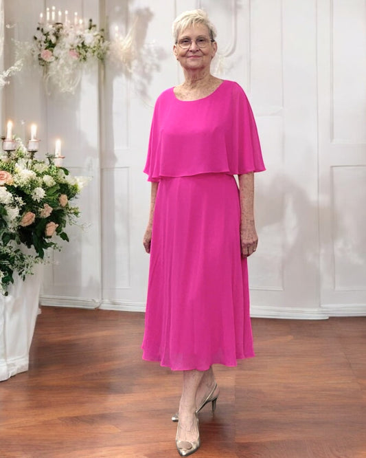 Hot pink chiffon A-line dress with flutter sleeves – perfect for racewear and weddings