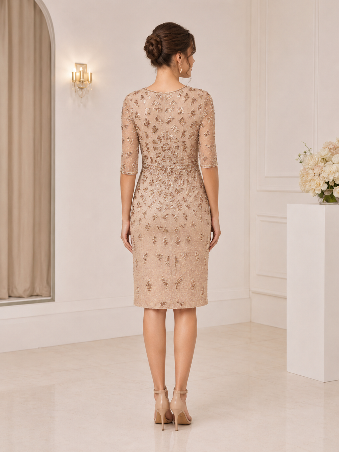 Couture Club Peach Pink & Rose Gold Beaded Dress – Elegant Mother of the Bride or Groom Outfit | 2G111.
