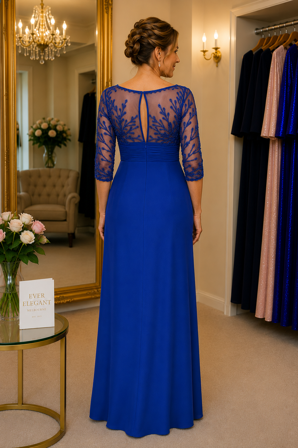 Royal blue special occasion gown with sheer embellished back and keyhole opening, elegant mother of the bride dress shown in the Ever Elegant boutique Melbourne