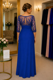 Royal blue special occasion gown with sheer embellished back and keyhole opening, elegant mother of the bride dress shown in the Ever Elegant boutique Melbourne