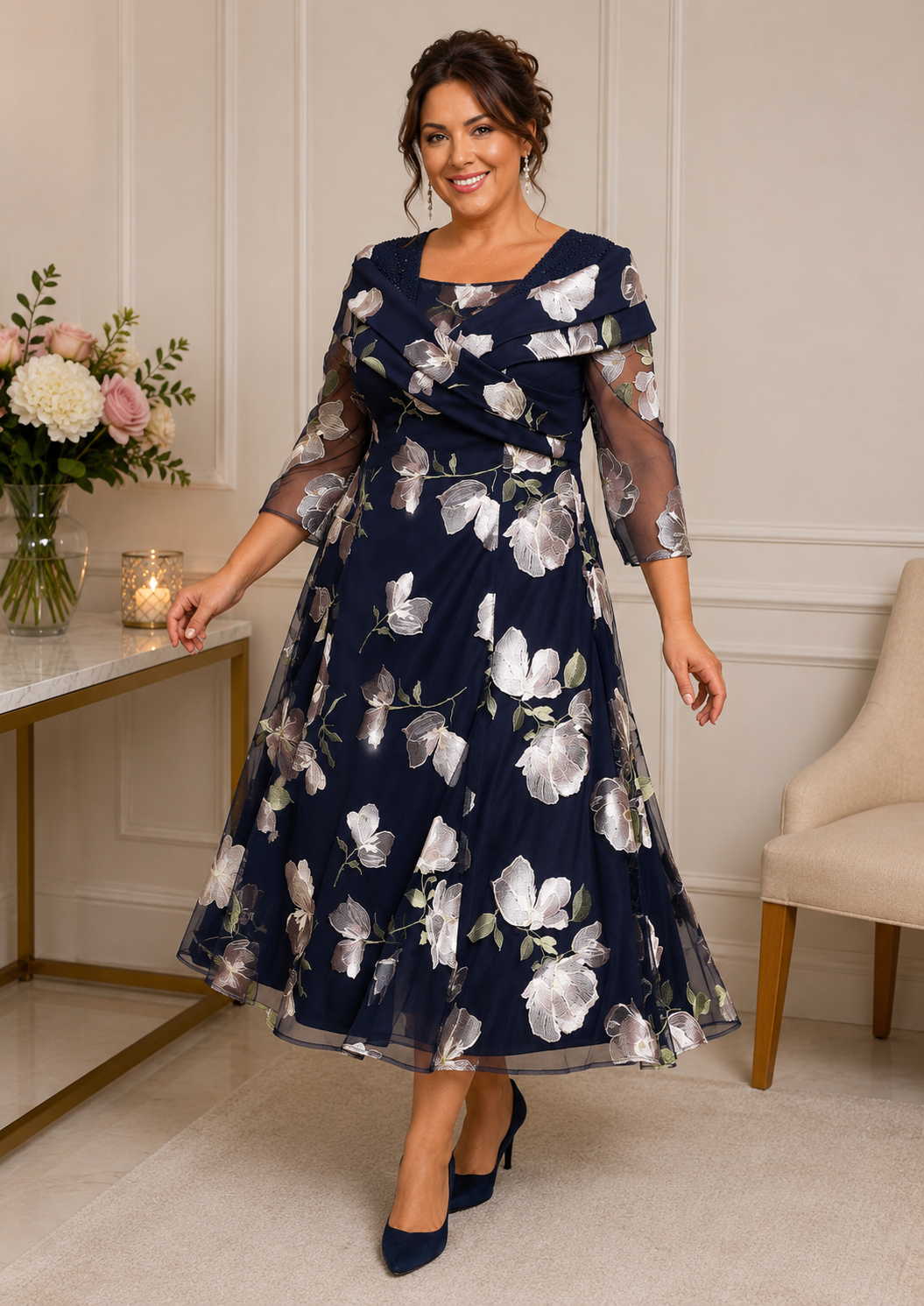 Plus Size Navy Fit & Flare Dress – DU666 | Mother of the Bride or Groom