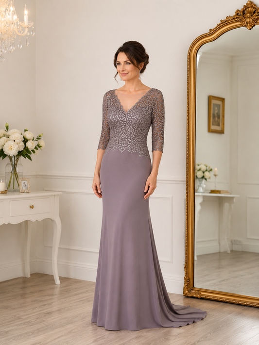 Mauve lace and jersey evening gown with three-quarter sleeves and a softly flared floor-length skirt