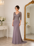 Mauve lace and jersey evening gown with three-quarter sleeves and a softly flared floor-length skirt