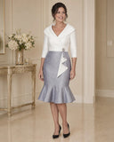 Ivory and silver grey mother of the bride dress with portrait collar, jeweled waist and fluted hem