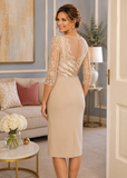 Elegant champagne occasion dress with lace detailing, fitted knee-length silhouette and sheer lace back, perfect for mother of the bride or groom weddings in Australia