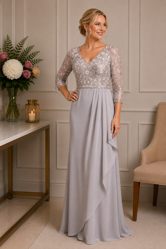 Silver taupe lace and chiffon evening gown on size 16 model | Mother of the Bride formal dress | Veni Infantino | Ever Elegant Melbourne
