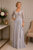 Silver taupe lace and chiffon evening gown on size 16 model | Mother of the Bride formal dress | Veni Infantino | Ever Elegant Melbourne
