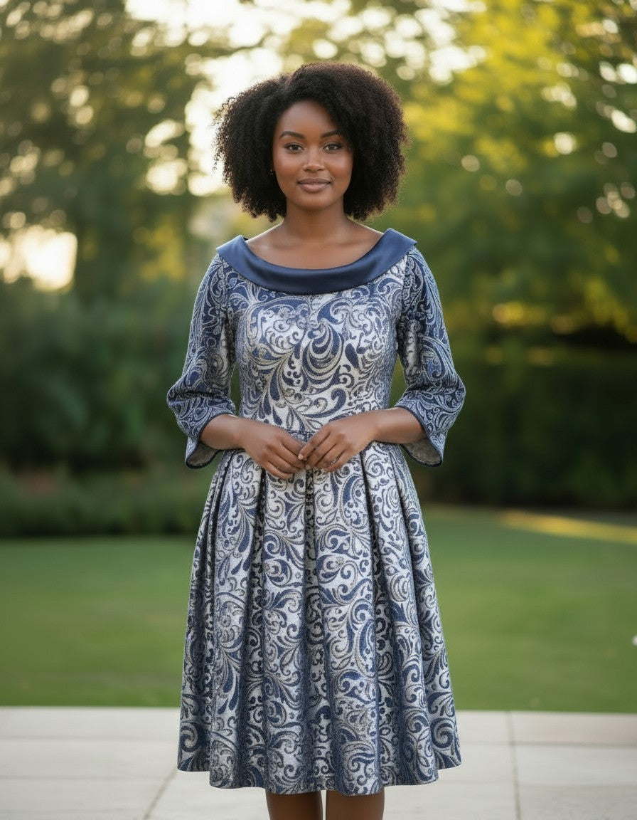 navy 50's style dress for a mother of the bride.