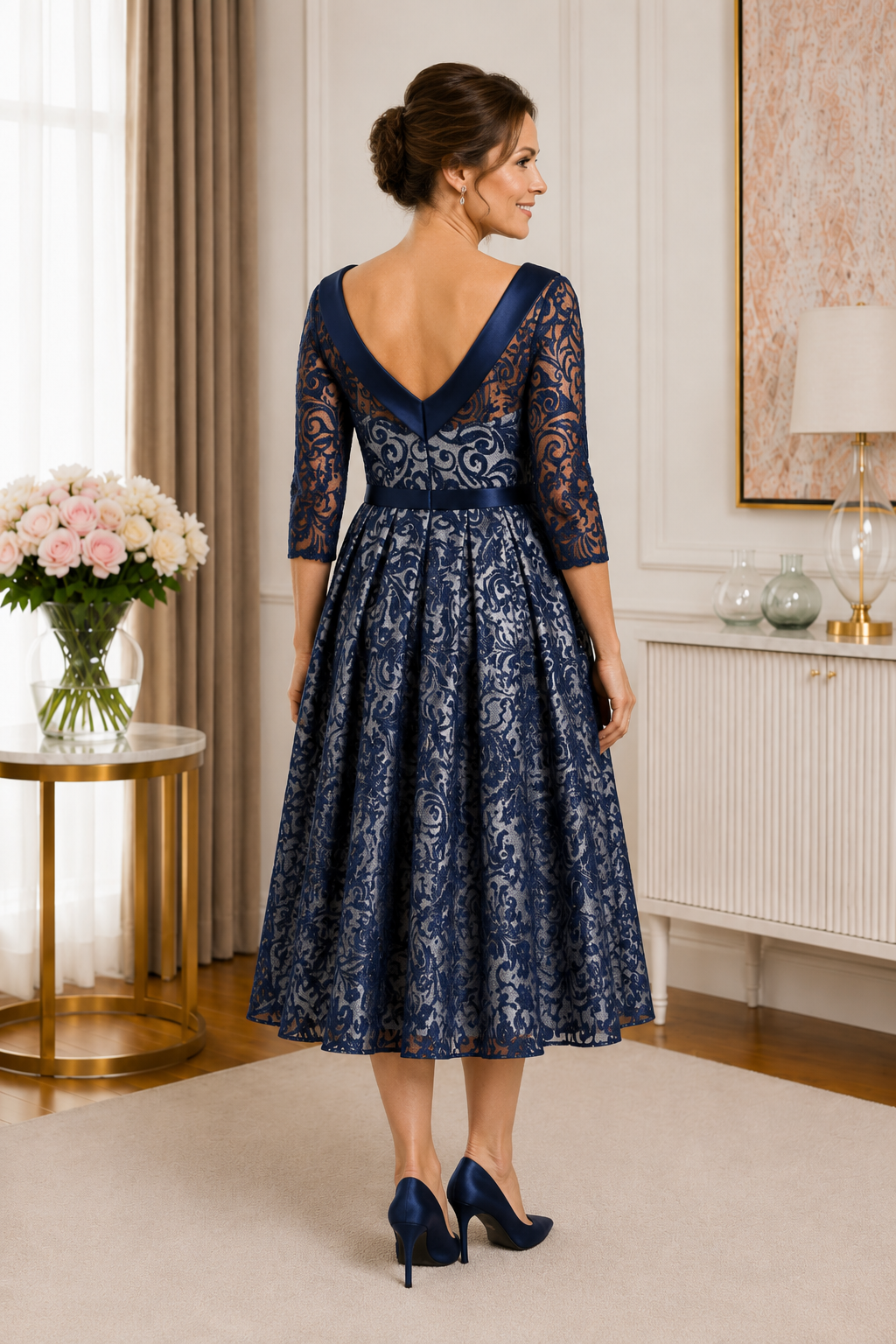 Couture Club navy mother of the groom dress size 20 with lace sleeves and shawl collar