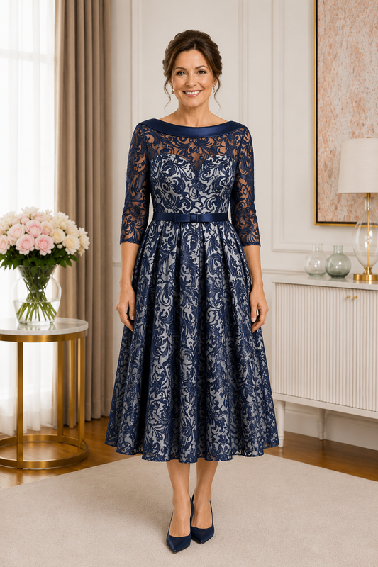 Navy lace mother of the bride dress size 20 with light silver backing and tea-length skirt