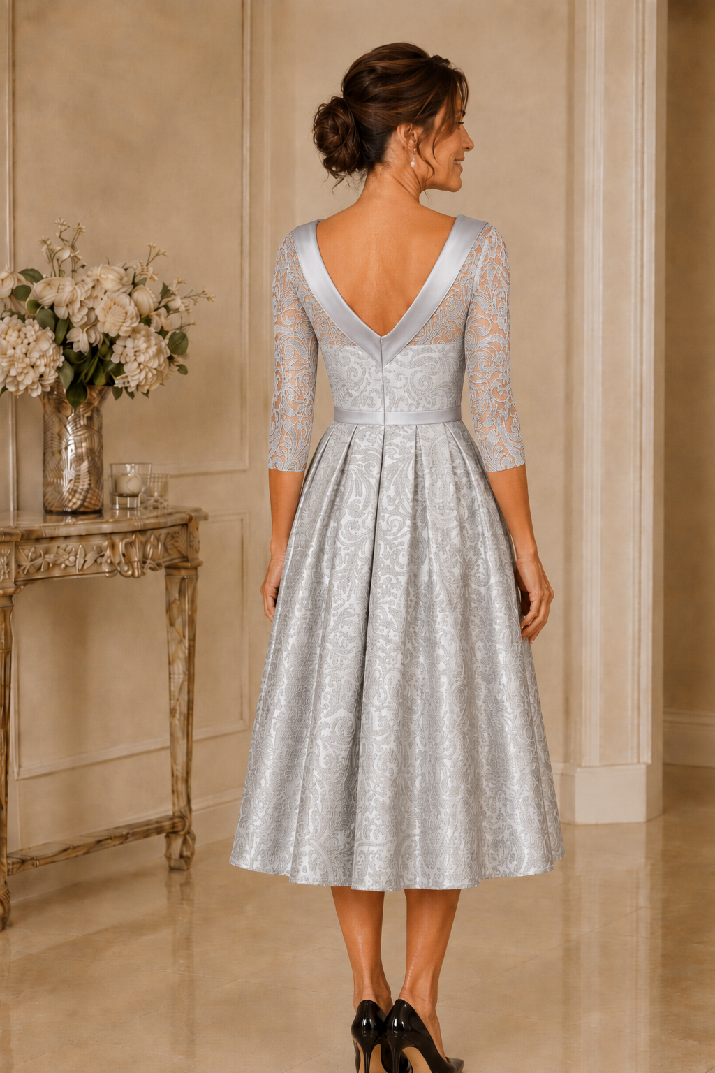 Elegant silver mother of the groom dress with shawl collar and V-back