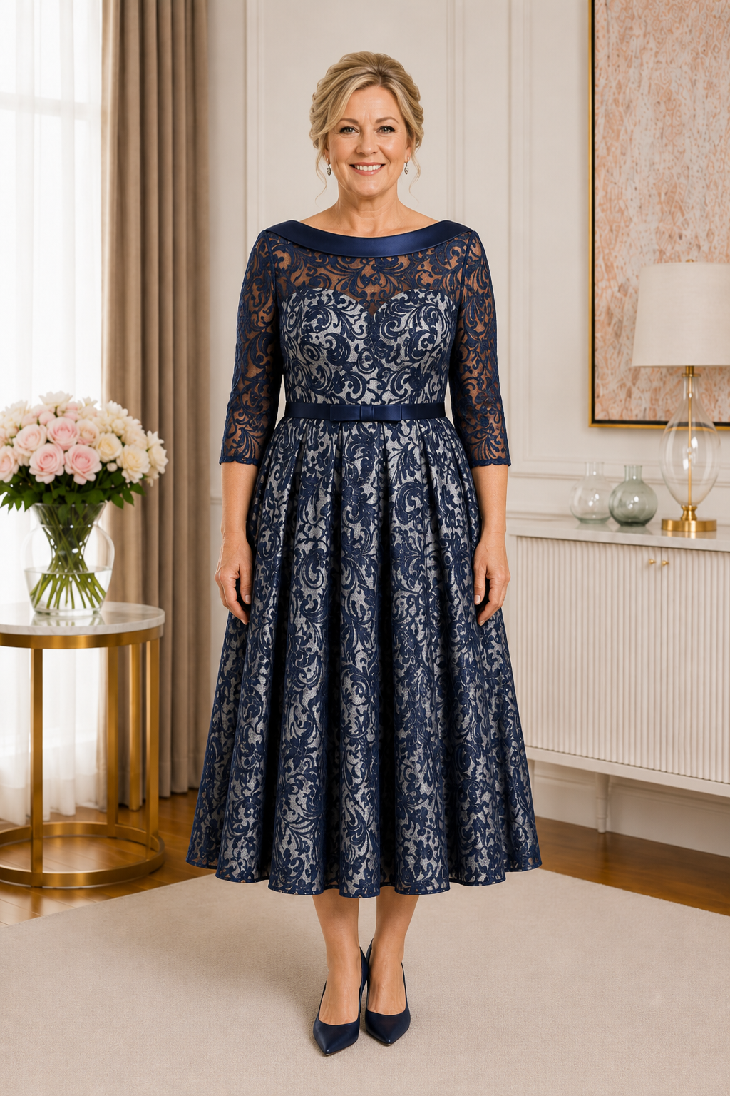 Plus size navy mother of the bride dress with 3/4 lace sleeves and flattering waistband