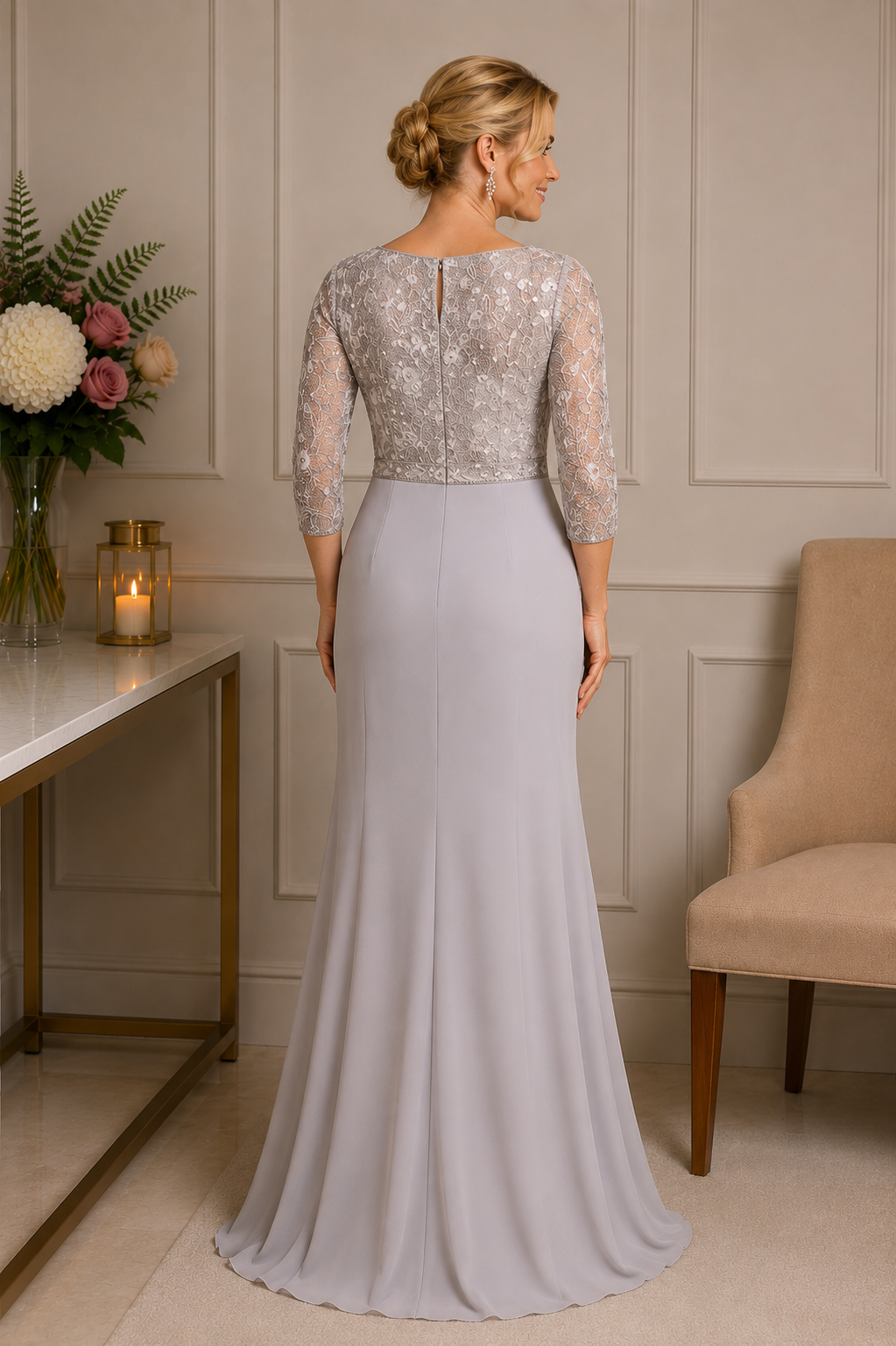 Back view of silver taupe lace and chiffon Mother of the Bride gown on size 16 model | Veni Infantino formal occasion dress | Ever Elegant Melbourne