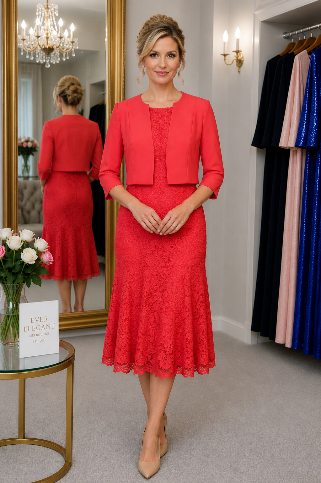 Coral lace mother of the bride outfit with matching cropped jacket and fluted hem dress, shown on a size 12–14 model with formal updo hairstyle in the Ever Elegant Melbourne boutique.