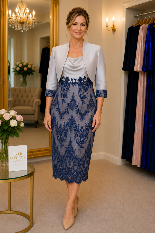 Silver and navy lace mother of the bride outfit with matching cropped bolero jacket, elegant knee-length occasion dress, wedding guest fashion Australia
