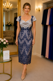Royal navy lace cocktail dress with silver satin cowl neckline, fitted knee-length silhouette, mother of the bride dress Australia, Ever Elegant Melbourne