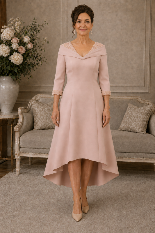 Peach pink Mikado mother of the bride dress with pearl shoulder details and high-low skirt