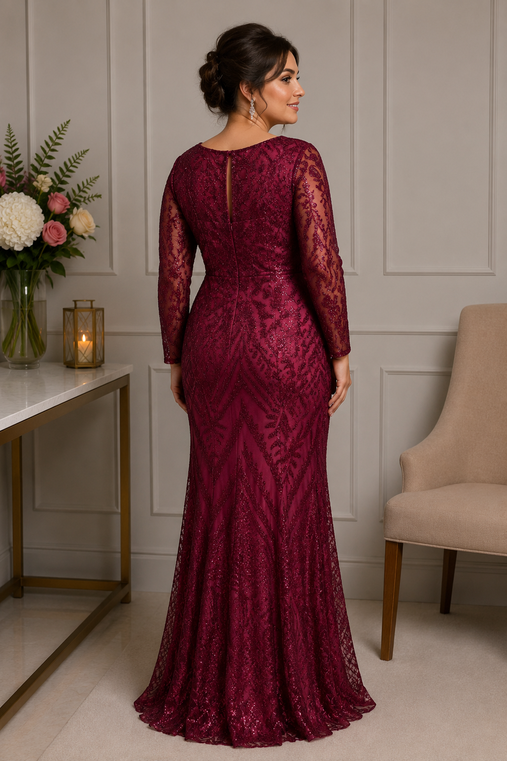 Back view of burgundy lace mother of the bride evening gown with sheer long sleeves on size 18 model – Veni Infantino formal dress at Ever Elegant Melbourne