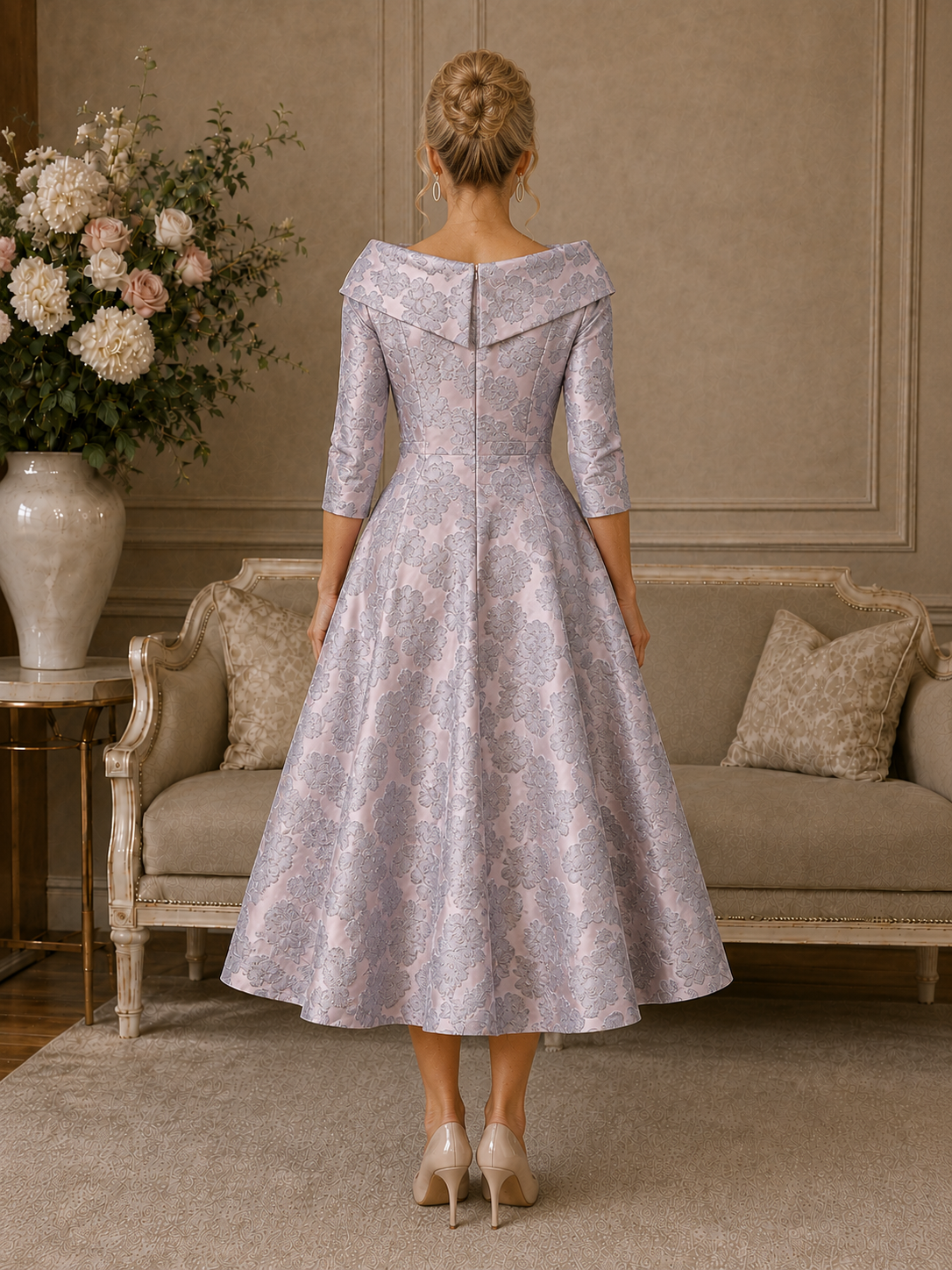 Back view of pink and silver floral brocade tea-length dress with portrait collar
