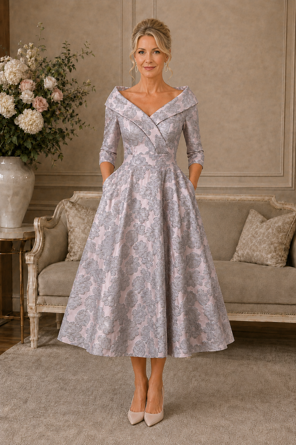 Couture Club pink and silver brocade mother of the bride dress with full tea-length skirt