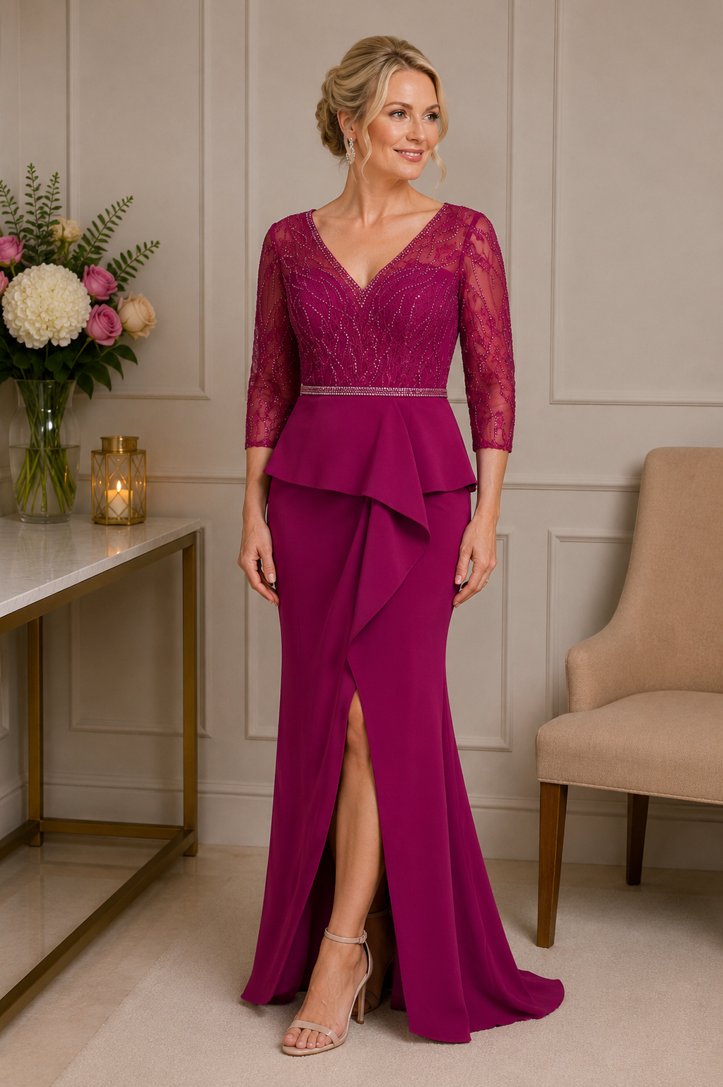 front view of burgandy long evening gown with beaded lace bodice, peplum waist and fitted skirt on size 16 model | Mother of the Bride dress Melbourne