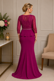 Back view of burgandy beaded lace and satin Mother of the Bride gown on size 16 blonde model | Elegant formal occasion dress | Ever Elegant Melbourne