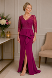front view of burgandy long evening gown with beaded lace bodice, peplum waist and fitted skirt on size 16 model | Mother of the Bride dress Melbourne