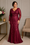 Burgundy lace evening gown with long sleeves on size 18 model – mother of the bride formal gown by Veni Infantino at Ever Elegant Melbourne